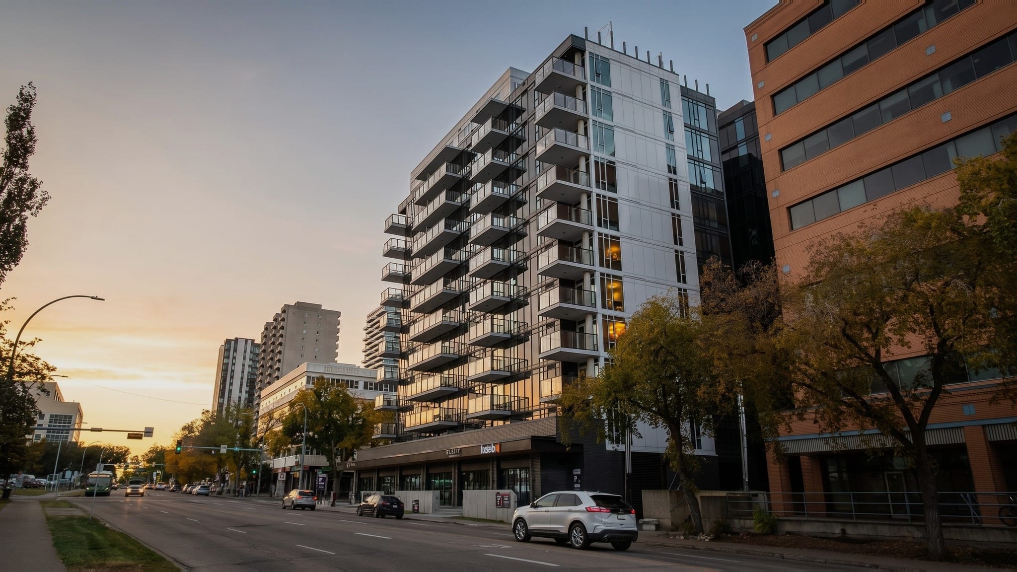 Evening street view of the retail frontage and balconies at 11141 84 Ave in Edmonton