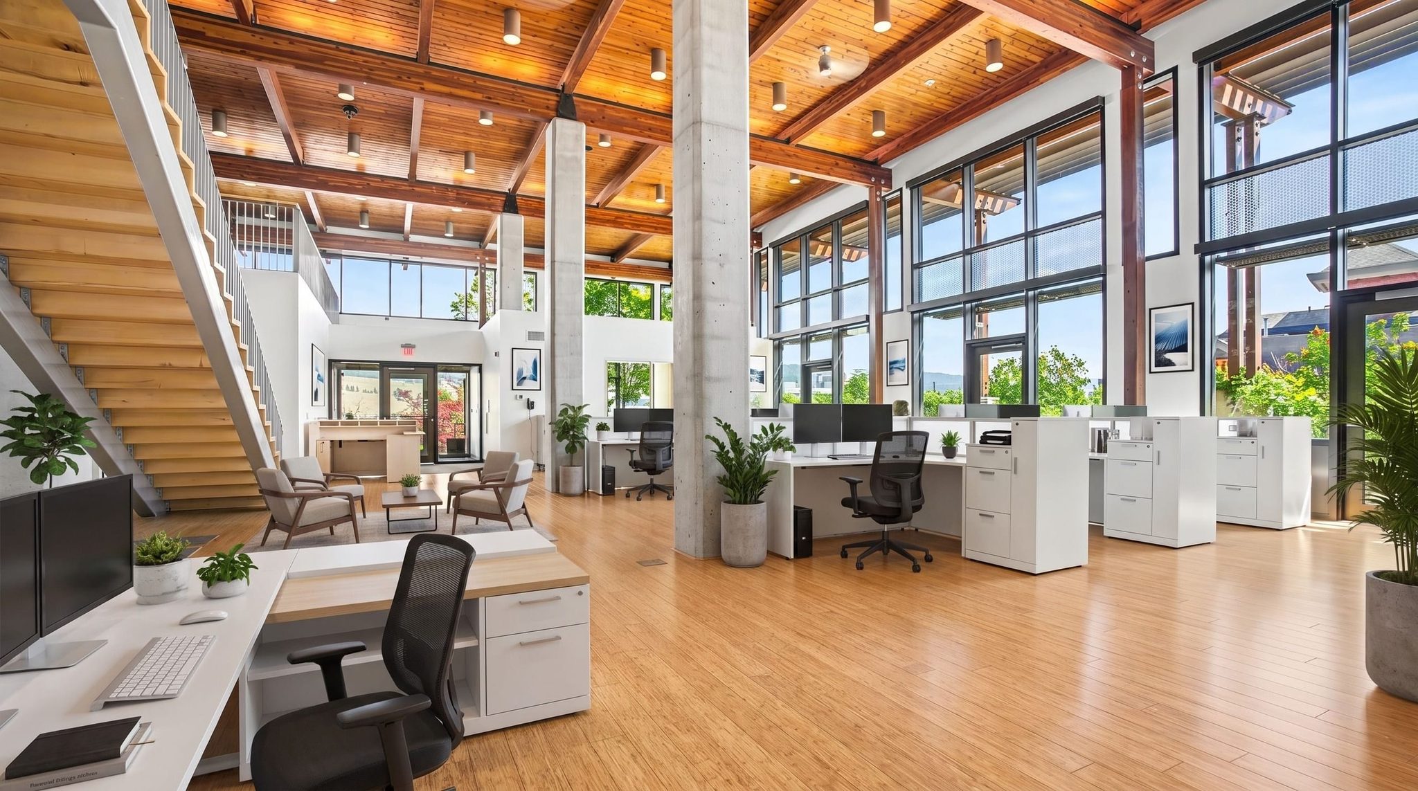 Show how a vacant office, retail unit or amenity space could be furnished., after