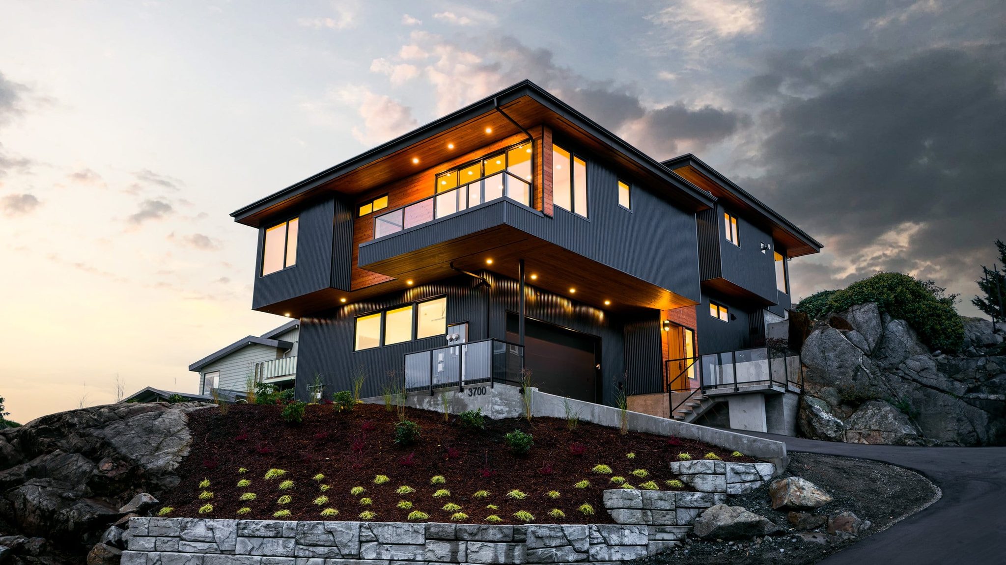 Modern Victoria BC home exterior at twilight