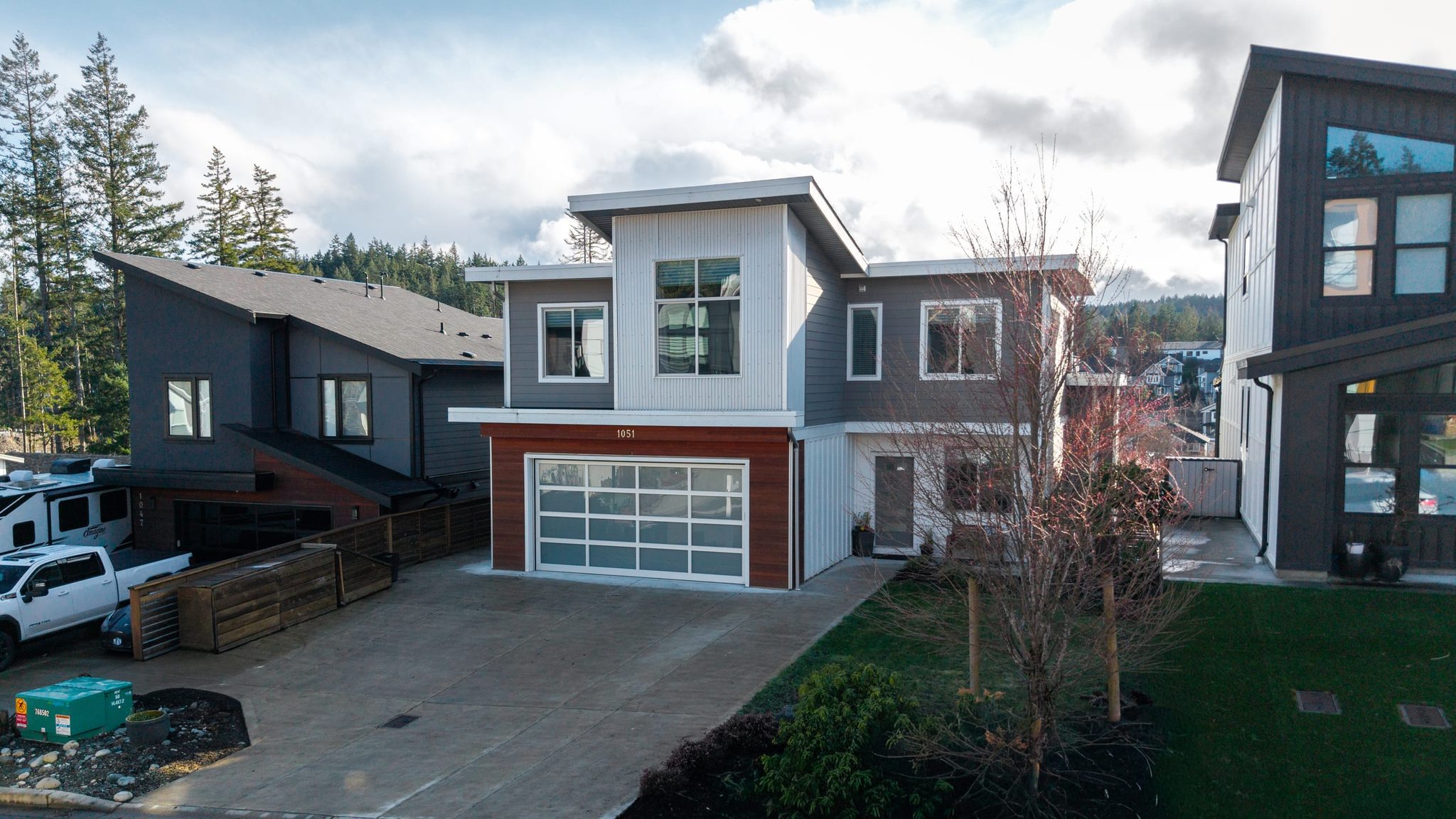 Aerial view of a new-build home in Royal Bay, Colwood