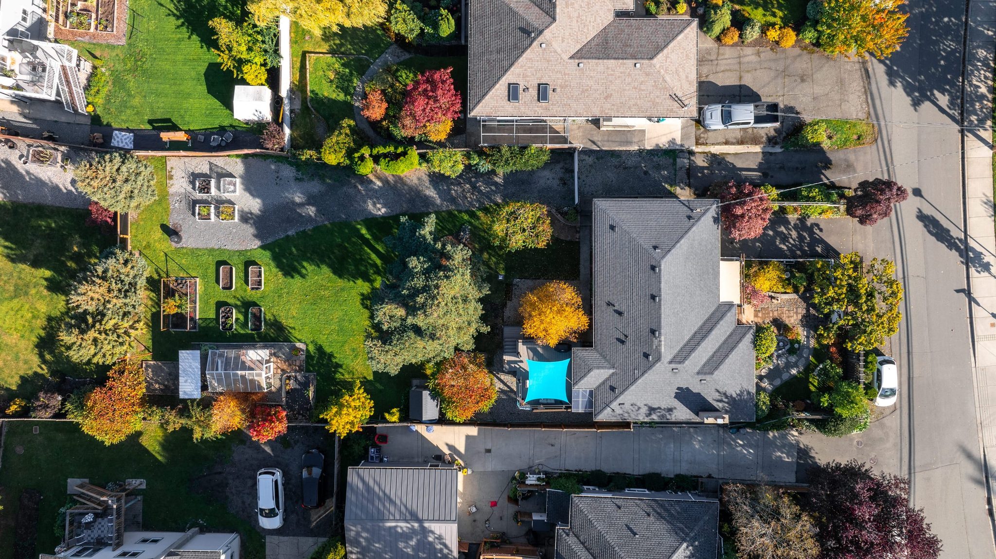 Overhead aerial of an established home and its garden in autumn colour
