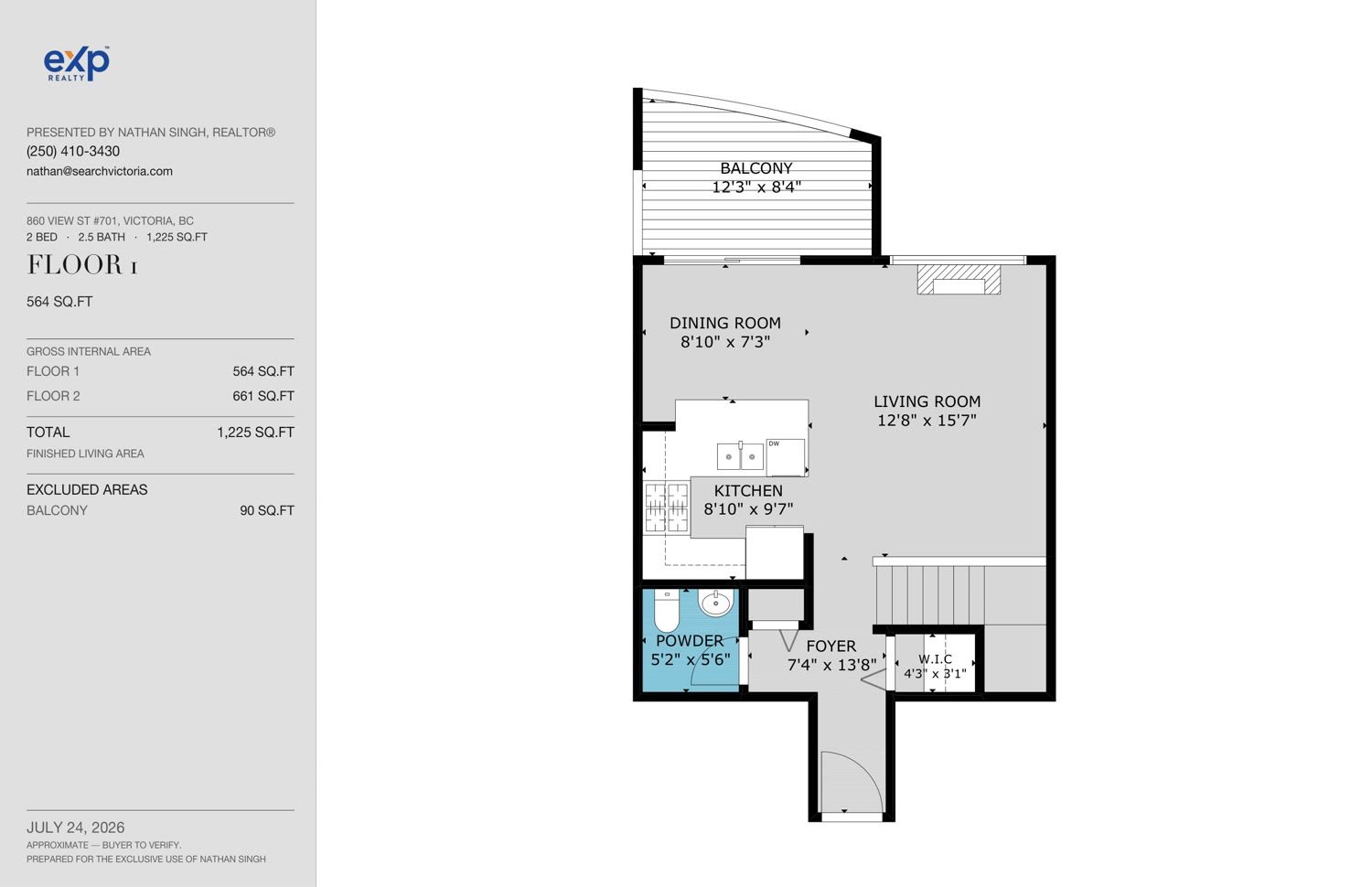 Branded floor plan sheet for a Victoria townhome's first floor, with the agent's brokerage logo and contact details in the sidebar