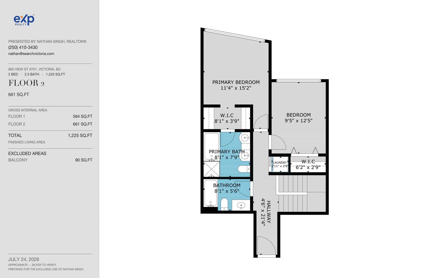 Branded floor plan sheet for the same townhome's second floor, showing bedrooms and bathrooms with dimensions