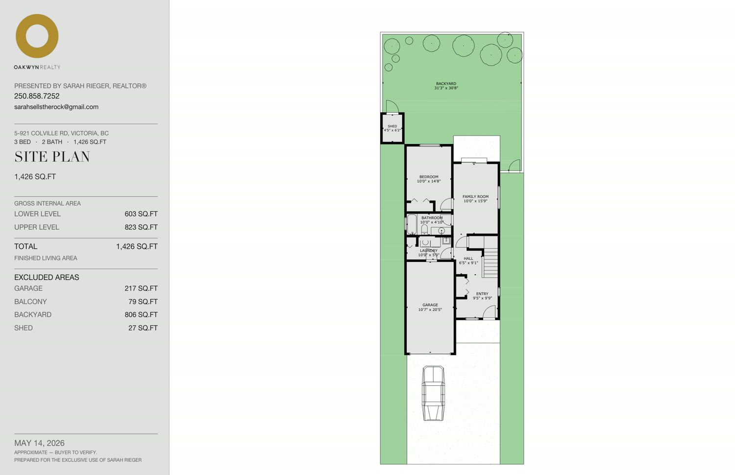 Branded site plan for the same home, showing the lot, backyard and shed