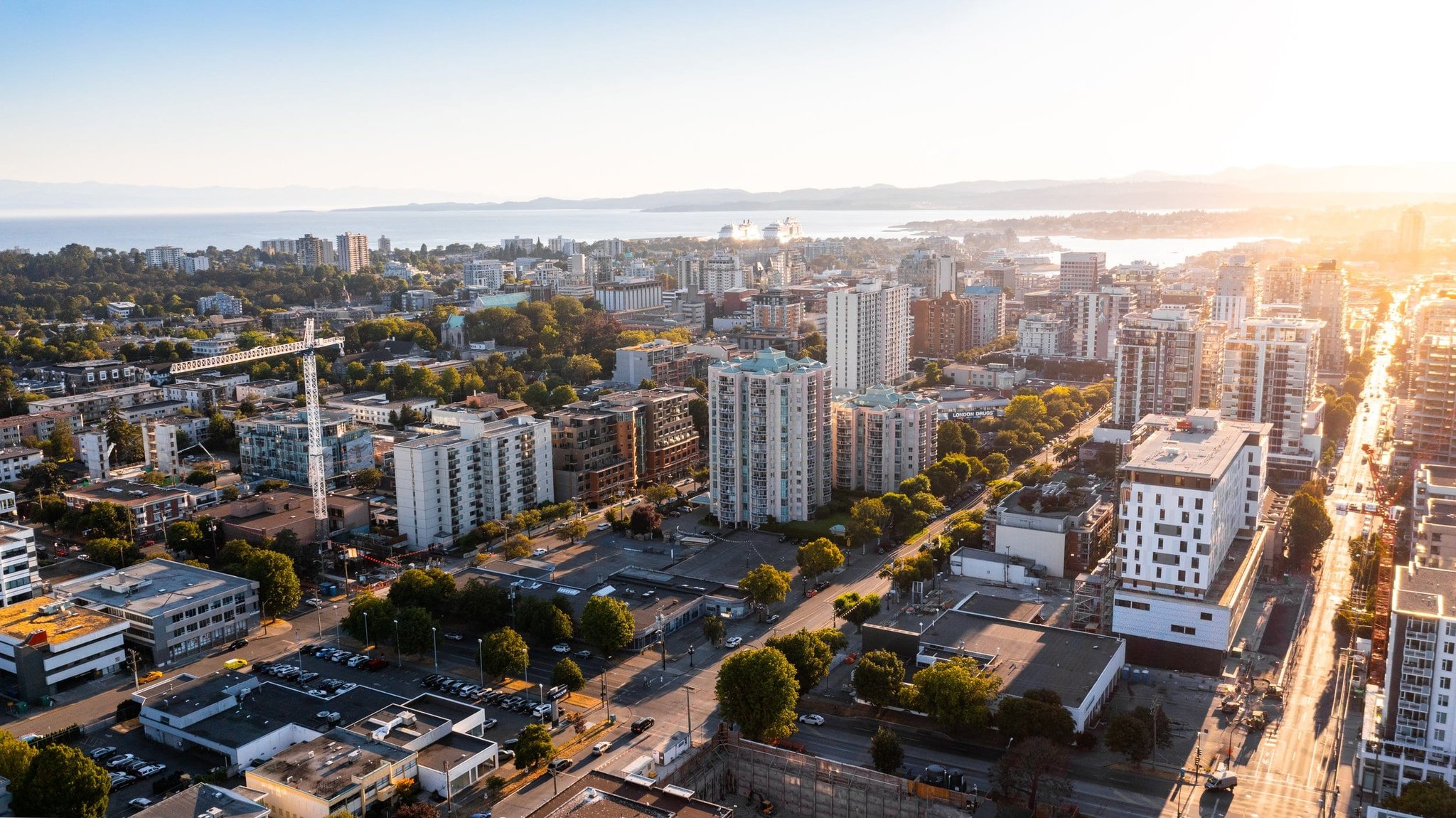 Aerial view of Victoria BC's Harris Green neighbourhood at sunset