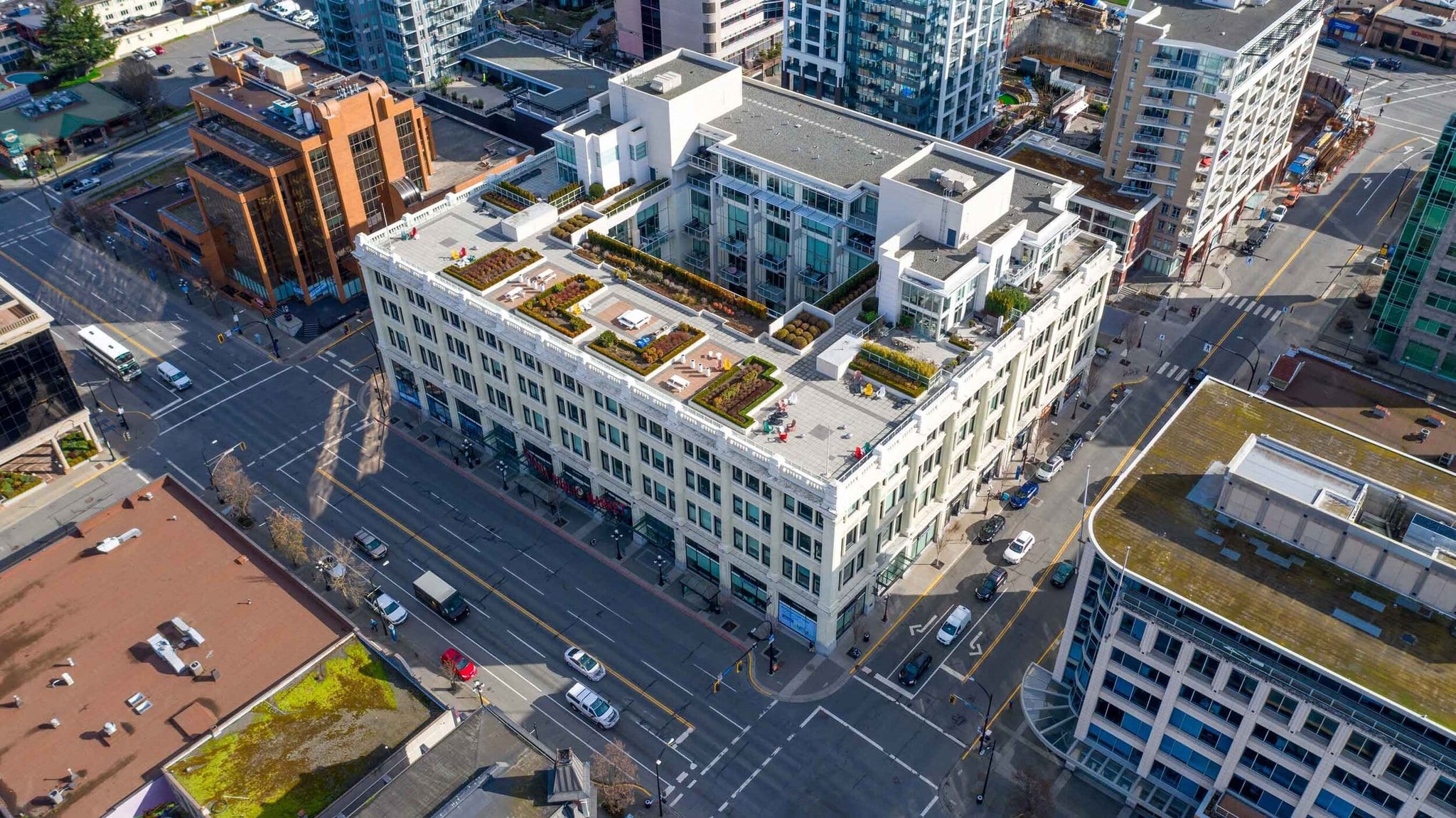 Aerial view of a heritage building rooftop terrace in downtown Victoria BC