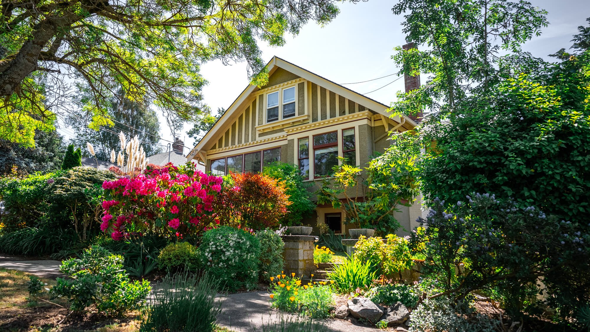 Green craftsman home behind a flowering front garden